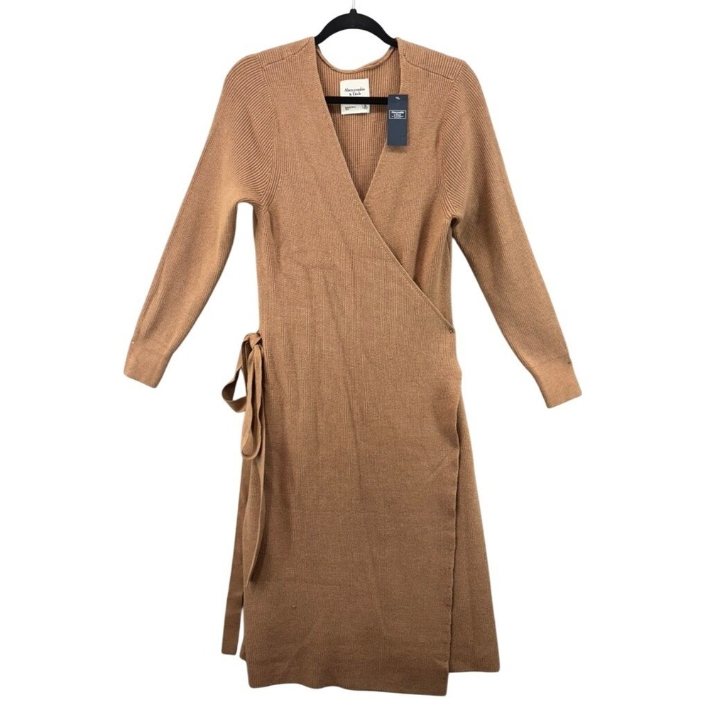 NWT Abercrombie & Fitch Sweater Dress Women XL‎ Brown Ribbed Midi V-Neck Tie